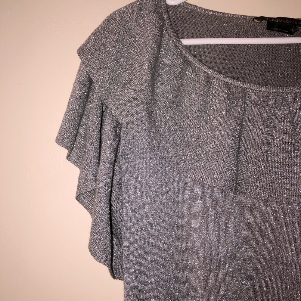 BCBGMaxAzria Silver Sparkly Ruffle Flutter Top BCBG - Picture 3 of 5